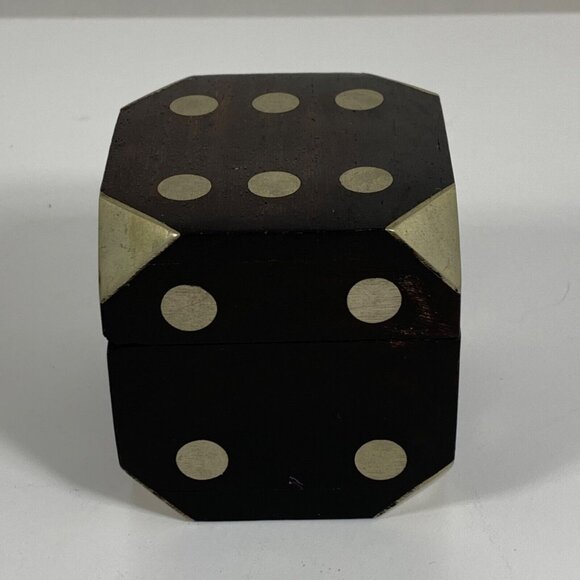 Bella Lux Wooden Dice Box w/ Metal Accents + Five Mini Black Dice Set Vintage - Picture 10 of 10